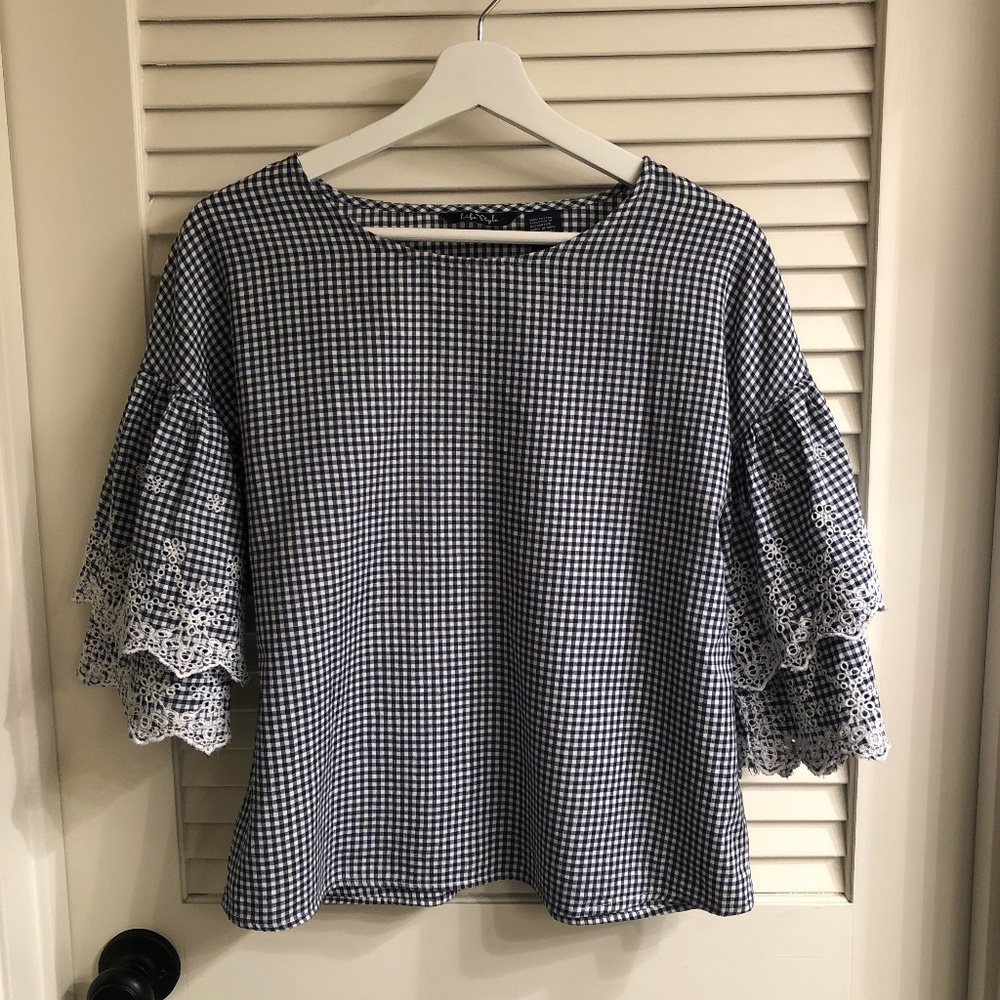 Life Style Blue & White Checkered Top with Two Tiered Sleeves